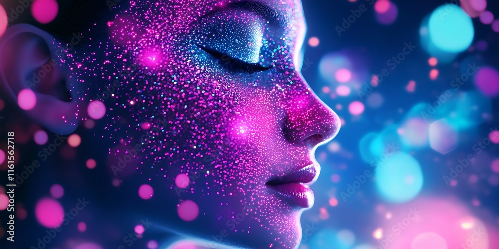 Poster Artistic Woman with Glittering Face in Colorful Bokeh Lights Capturing Futuristic Elegance : Generative AI