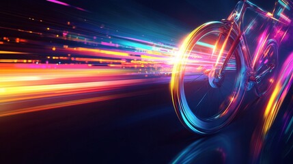 Neon bicycle with light trails against a dark background.