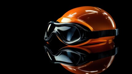 Fototapeta premium Orange safety helmet and goggles on black background.