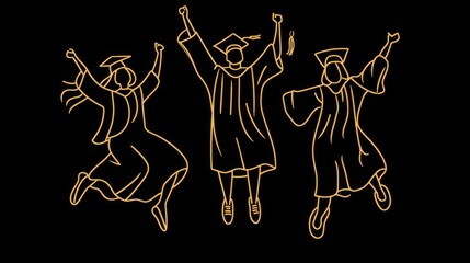 Three celebrating graduates in caps and gowns jumping joyfully.