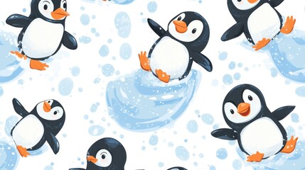 Fototapeta premium Seamless pattern with cute cartoon penguins sliding on ice.