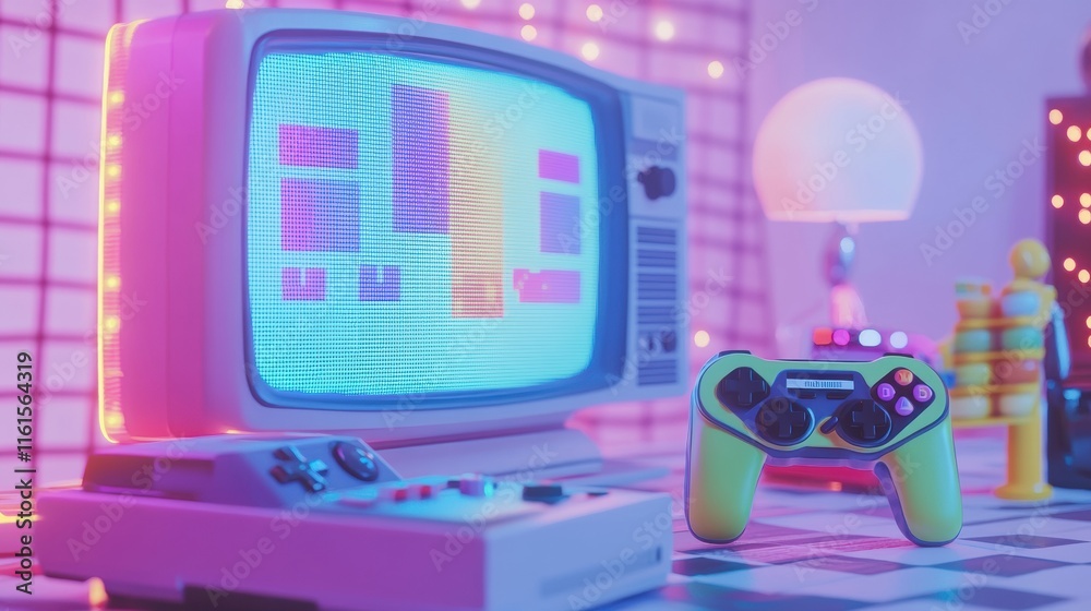Poster Retro gaming console setup with colorful graphics and controller placed next to an old television. Generative AI