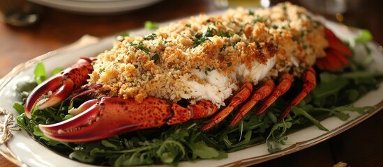 Whole baked lobster stuffed with breadcrumbs and herbs, presented on a bed of greens 