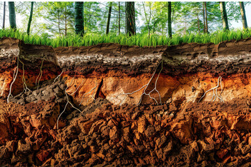 Cross-section of earth layers, showing distinct mineral strata, soil textures, and geological features