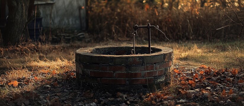 Old brick well in autumn setting with rusty metal pump.