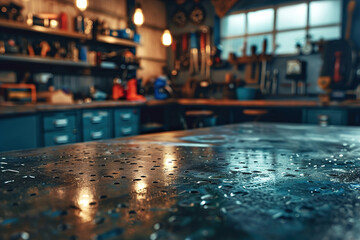 Blank, scratched metal workbench surface in gritty garage, blurred industrial tools in background, copy space