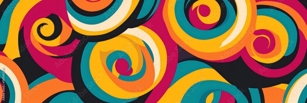 Leinwandbilder retro inspired pattern featuring colorful spirals and curved lines in vibrant 70s color palette for 