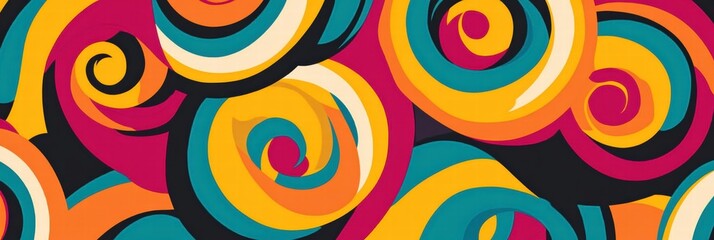 Fototapeta premium Retro inspired pattern featuring colorful spirals and curved lines in vibrant 70s color palette for modern design. Generative AI