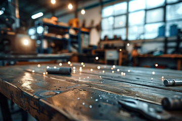 Obraz premium Blank, scratched metal workbench surface in gritty garage, blurred industrial tools in background, copy space