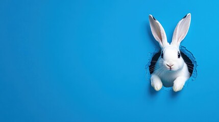 Obraz premium White Easter Bunny Peeking from Round Hole on Blue Background