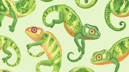 Obraz premium Seamless pattern with vibrant green and yellow chameleons on a light green background.
