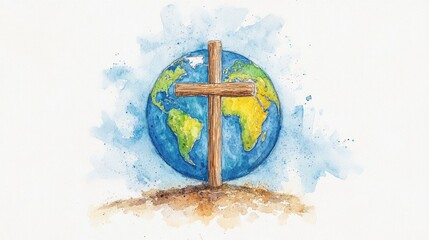 Earth and Cross Watercolor Illustration on White Background