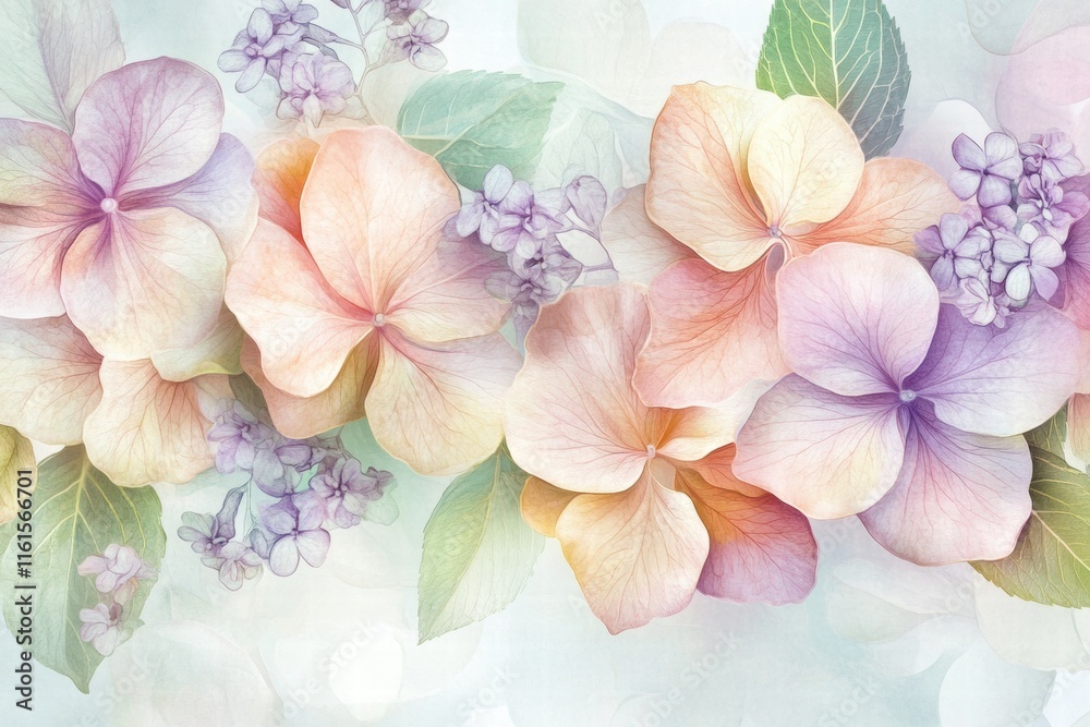 Poster delicate floral pattern featuring soft hued flowers and lush leaves in a serene and harmonious layou