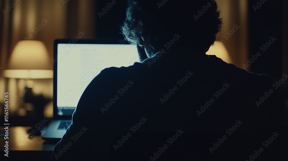 Poster nighttime work focused silhouette of man at computer in home office setting : generative ai