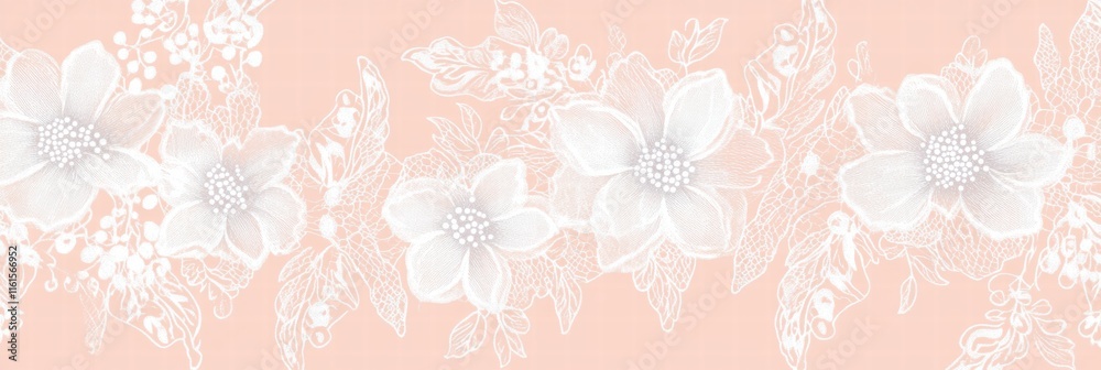 Poster seamless lace inspired pattern showcasing delicate floral designs on a soft peach background with in