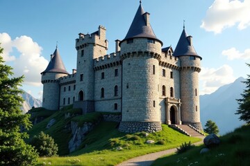 Fototapeta premium High castle keep with battlemented roof and narrow windows, castle keep, fortified stronghold