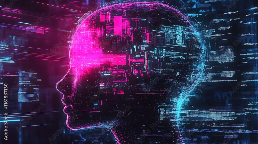 Aufkleber neon infused human head with cyber technology and digital circuit patterns : generative ai