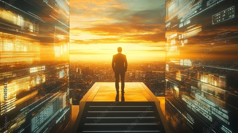 Aufkleber professional standing between skyscrapers amid digital data flow at vibrant sunset : generative ai