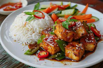 Sweet and spicy crispy tofu with scallions, chili, and jasmine rice in a vibrant dish
