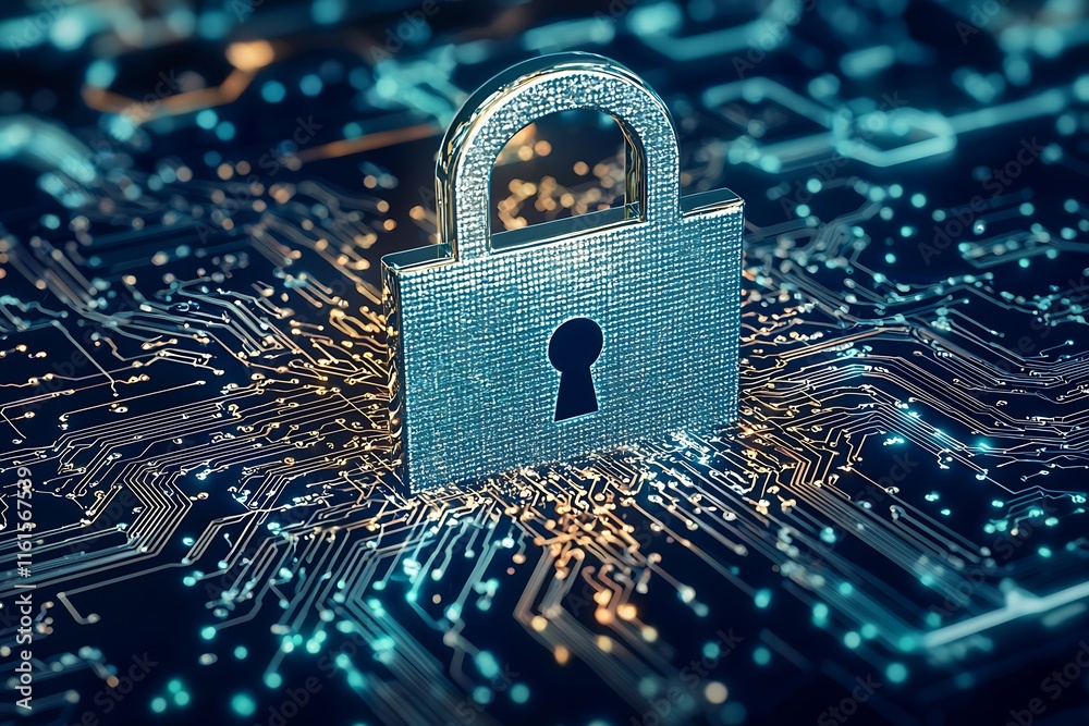 Poster Golden Digital Lock on Circuit Board Representing Cybersecurity in Technology : Generative AI