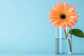 vibrant orange flower in clear glass vase filled with water against light blue background creates refreshing and cheerful atmosphere