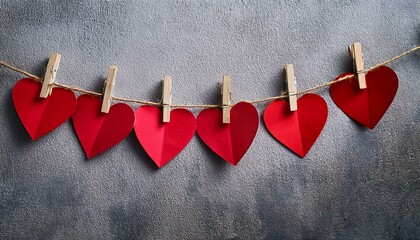 A string of red paper hearts hanging from clothespins against a textured gray background