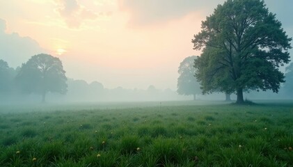 Obraz premium Misty morning landscape with overcast sky and soft focus on trees, grey background, landscape, foggy