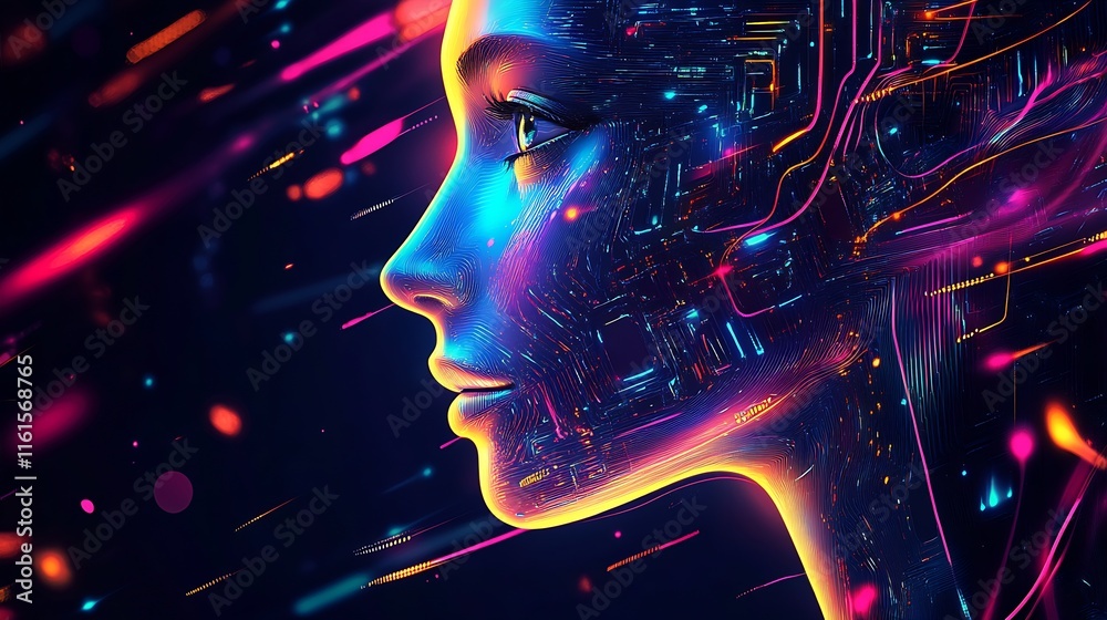 Poster Abstract Digital Portrait with Neon Glowing Lines and Futuristic Aesthetic in Profile View : Generative AI