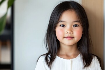 A captivating portrait of a young girl exuding sweetness with her beautiful smile and gentle expression, all captured in a soft focus background inviting warmth and gentleness.