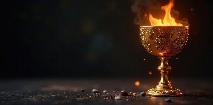 Ornate golden goblet, incandescent fiery contents , magical, fire, elixir