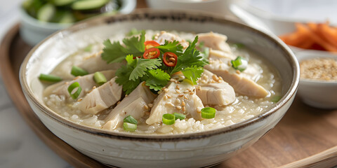 Hearty bowl of chicken rice porridge with scallions, cilantro, and soy sauce, served with pickled vegetables