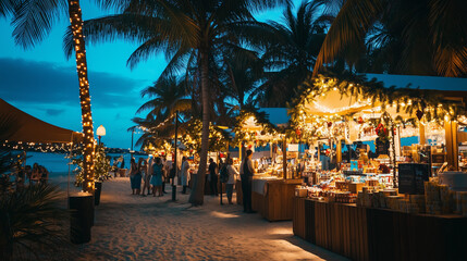 Festive beach market under palm trees at twilight, holiday celebration
