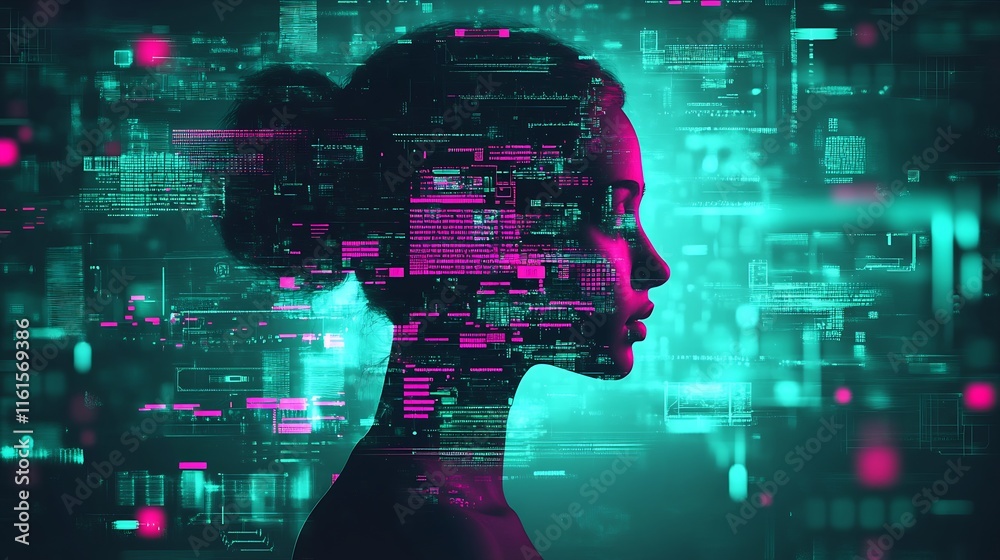 Poster innovative female silhouette with digital tech patterns and displays : generative ai