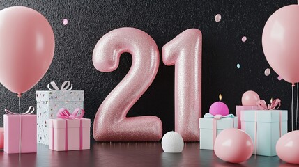 Pink 21st birthday balloons, gifts, and candle.