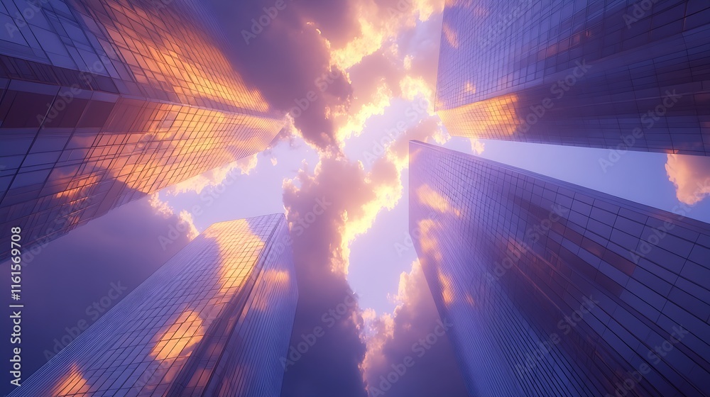 Poster sunset scene with skyscrapers reflecting a colorful cloudy sky : generative ai