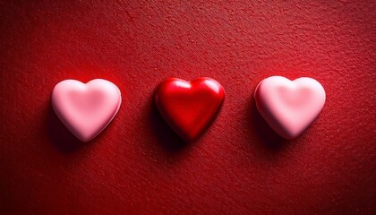 Fototapeta premium Three candy hearts on a textured red background, a sweet, minimal Valentine's image.