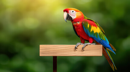 vibrant parrot perched on wooden stand, showcasing its colorful feathers in lush green background