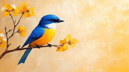 Obraz premium Autumnal Bluebird Perched on Branch - Acrylic Painting with Textured Canvas Background for Mobile Devices