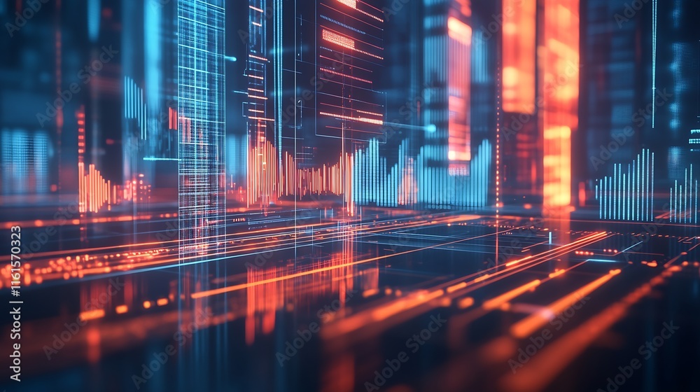 Poster Cutting-Edge Digital Data Visualization with Luminous Orange and Blue Patterns : Generative AI