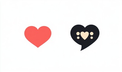 Two hearts icons on white  a solid red, a black chat bubble.
