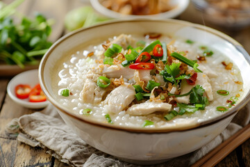 Hearty chicken rice porridge with green onions, crispy shallots, and fresh herb garnish