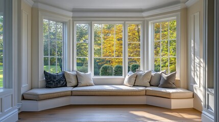 Sunlit bay window seat with cushions overlooking autumnal landscape.