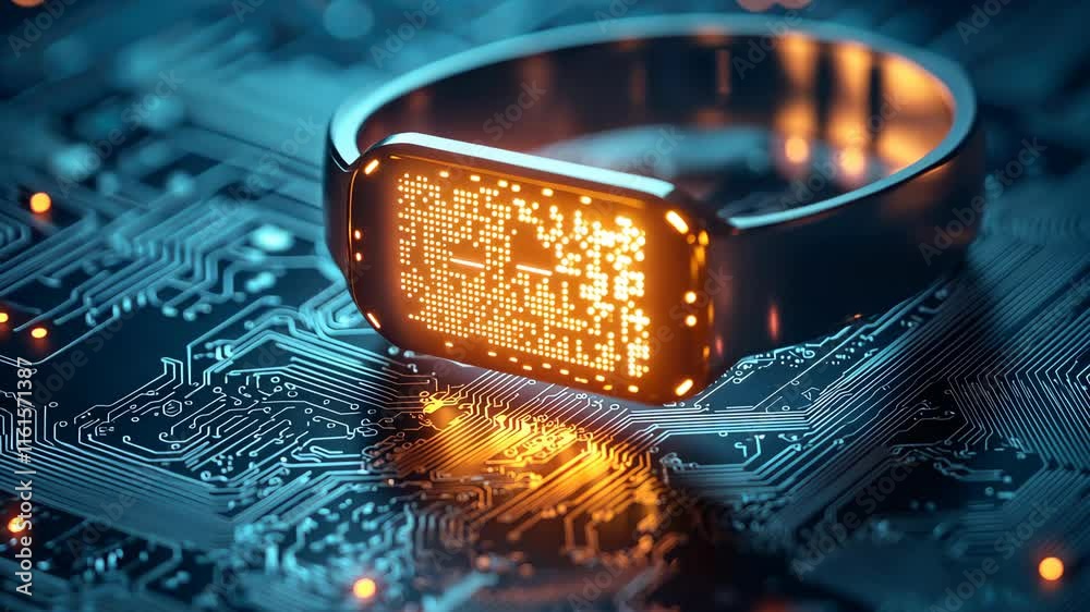 Poster futuristic smartwatch displaying data on circuit board background