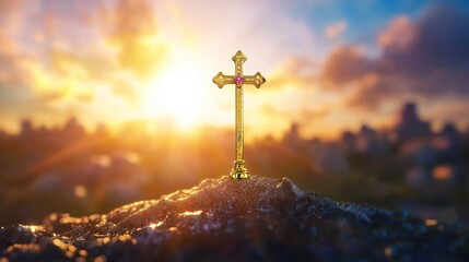 Sunset Serenity: American Flag and Christian Cross
