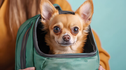 small dog sitting inside green travel bag, looking curious and alert. This adorable pet is ready for adventure