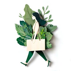Paper-cut illustration of a person carrying an eco-bag filled with vegetables and greens surrounded by foliage. Eco-friendly lifestyle and fresh produce