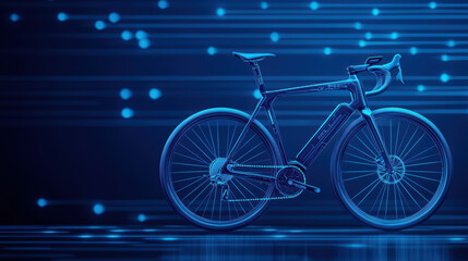close up of smart bicycle illuminated in blue light, showcasing its sleek design and advanced technology