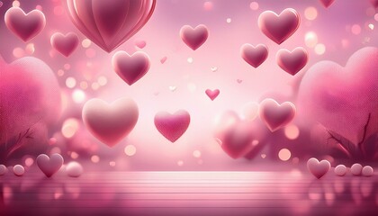 Obraz premium A pink, dreamy background with floating hearts, love and romance is felt.