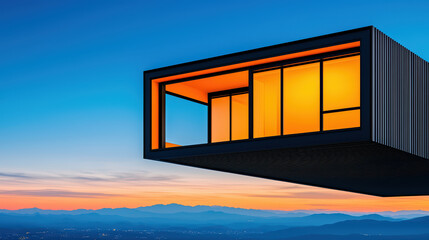 modern smart home design with striking cantilevered structure, showcasing large glass windows and vibrant orange glow against sunset backdrop
