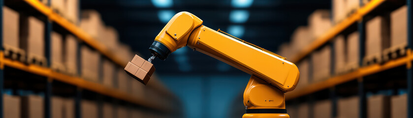 close up of smart robotic arm picking product in warehouse setting, showcasing advanced automation technology and efficiency